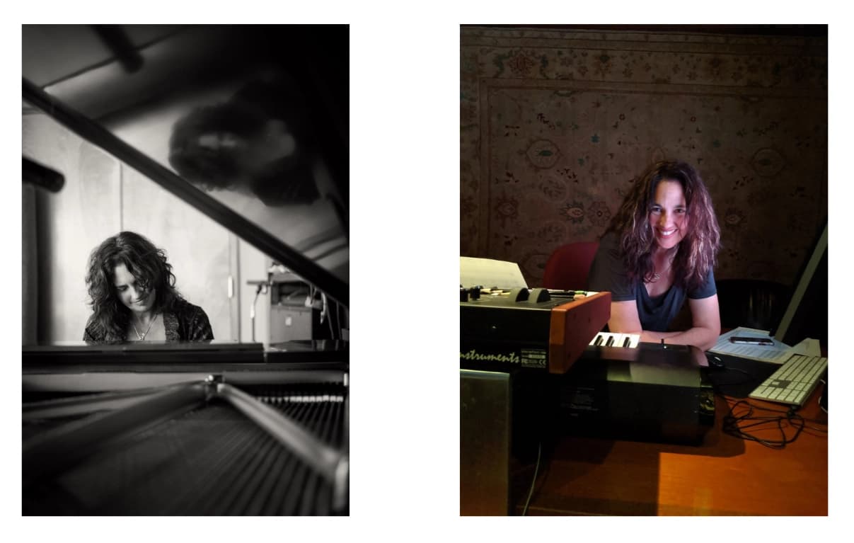 (left) Starr Parodi and her 1928 Steinway B, which burned in the Palisades fire. (right) Starr Parodi in the studio.
