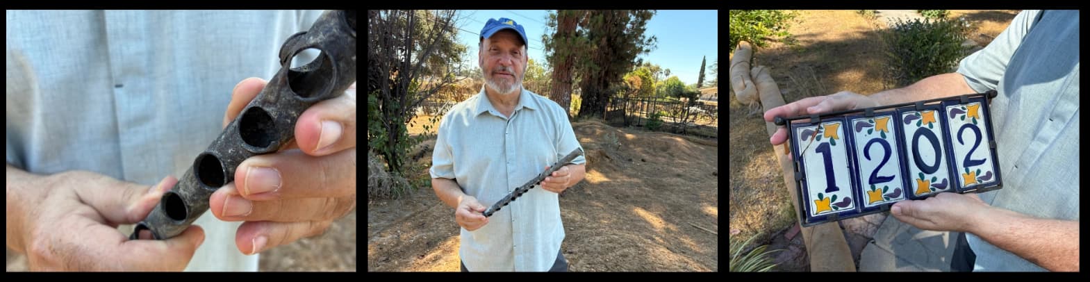 Flutist Larry Kaplan holds the flute on the site of the house he shared with his wife - violinist Amanda Byer - in Altadena. Remarkably, their house number survived the Eaton Fire.